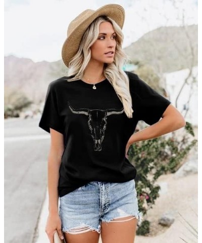 Boho Cow Skull Shirt Women Cowgirl t Shirt Vintage Western Rodeo Graphic Tee Short Sleeve Bull Skull Casual Top Black $14.55 ...