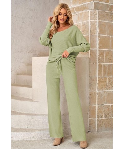 Womens 2 Piece Outfit Set Long Sleeve Knit Pullover Sweater Top and Wide Leg Pants Sweatsuit B Green $28.06 Activewear