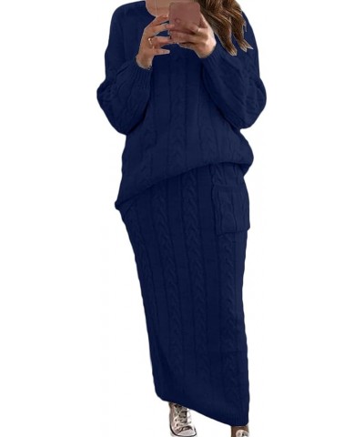 Women's Cable Knit Long Skirt 2 Piece Outfit Chunky Oversized Pullover Sweater Top and Long Pencil Skirt Sets Navy Blue $20.2...