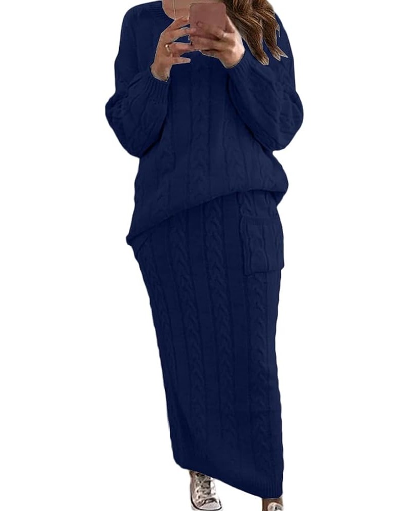 Women's Cable Knit Long Skirt 2 Piece Outfit Chunky Oversized Pullover Sweater Top and Long Pencil Skirt Sets Navy Blue $20.2...