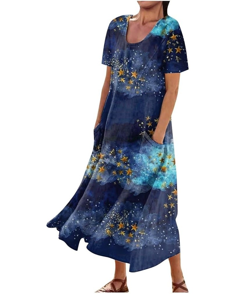 Womens Plus Size Maxi Dress Short Sleeve Cotton Linen Floral Dress with Pockets E-blue $13.74 Dresses