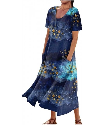 Womens Plus Size Maxi Dress Short Sleeve Cotton Linen Floral Dress with Pockets E-blue $13.74 Dresses