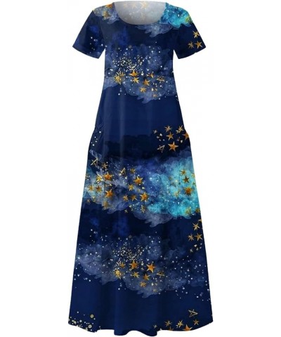 Womens Plus Size Maxi Dress Short Sleeve Cotton Linen Floral Dress with Pockets E-blue $13.74 Dresses