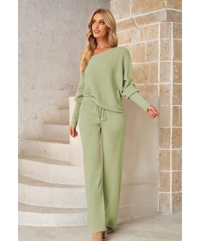 Womens 2 Piece Outfit Set Long Sleeve Knit Pullover Sweater Top and Wide Leg Pants Sweatsuit B Green $28.06 Activewear