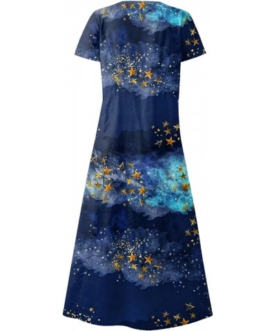 Womens Plus Size Maxi Dress Short Sleeve Cotton Linen Floral Dress with Pockets E-blue $13.74 Dresses