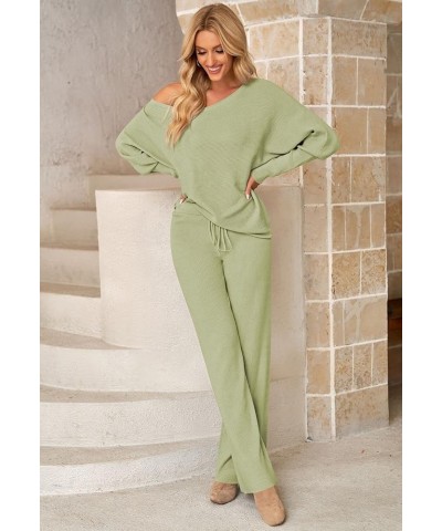 Womens 2 Piece Outfit Set Long Sleeve Knit Pullover Sweater Top and Wide Leg Pants Sweatsuit B Green $28.06 Activewear