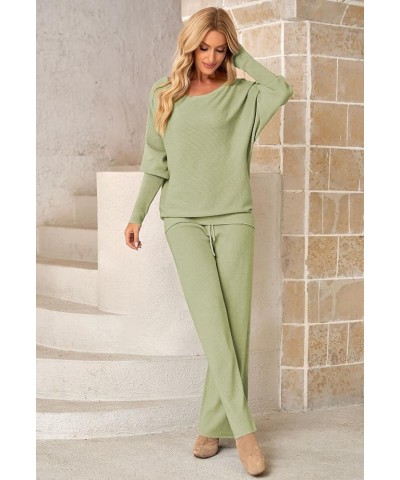 Womens 2 Piece Outfit Set Long Sleeve Knit Pullover Sweater Top and Wide Leg Pants Sweatsuit B Green $28.06 Activewear