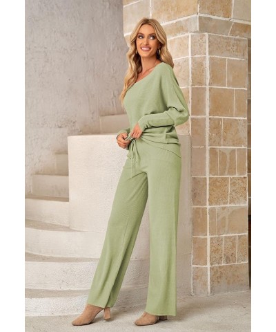 Womens 2 Piece Outfit Set Long Sleeve Knit Pullover Sweater Top and Wide Leg Pants Sweatsuit B Green $28.06 Activewear