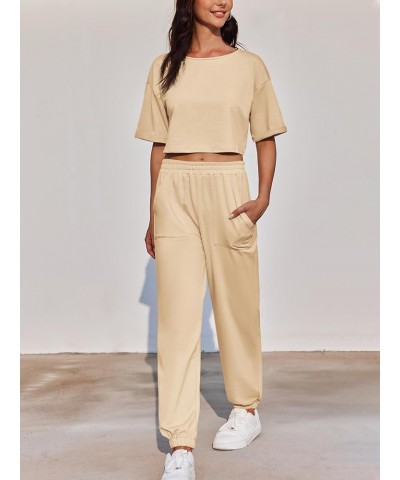 Womens 2 Piece Outfits Summer Tracksuit Short Sleeve Crop Tops High Waist Loose Pants Jogger Sets Khaki $18.87 Activewear