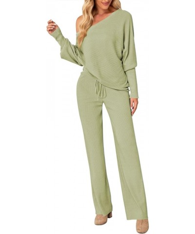 Womens 2 Piece Outfit Set Long Sleeve Knit Pullover Sweater Top and Wide Leg Pants Sweatsuit B Green $28.06 Activewear