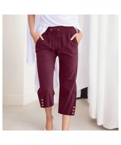 Capri Linen Pants for Women Wide Leg Casual Cotton Pant Loose Drawstrings High Waist Lounge Trousers with Pocket Wine $6.80 P...