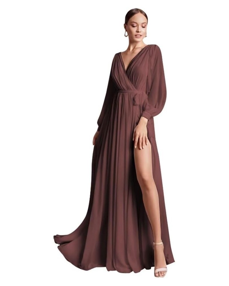 Long Sleeve Formal Dress Slit V Neck Chiffon Bridesmaid Dresses for Wedding Maxi Dress Burgundy $28.00 Dresses