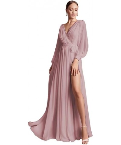 Long Sleeve Formal Dress Slit V Neck Chiffon Bridesmaid Dresses for Wedding Maxi Dress Burgundy $28.00 Dresses