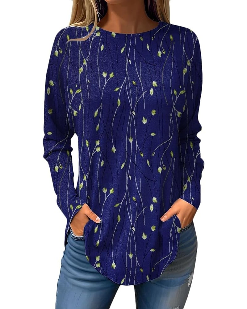 Long Sleeve Shirts for Women Geometry Printed Round Neck Tunic Pullover Tops Trendy Dressy Loose Fit Blouse 19blue $6.48 Tops