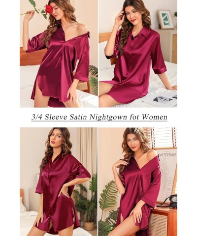 Satin Nightgown For Women 3/4 Sleeve Silk Nightshirt Button Down Pajamas Dress Boyfriend Sleepshirt Wine Red $18.23 Sleep & L...