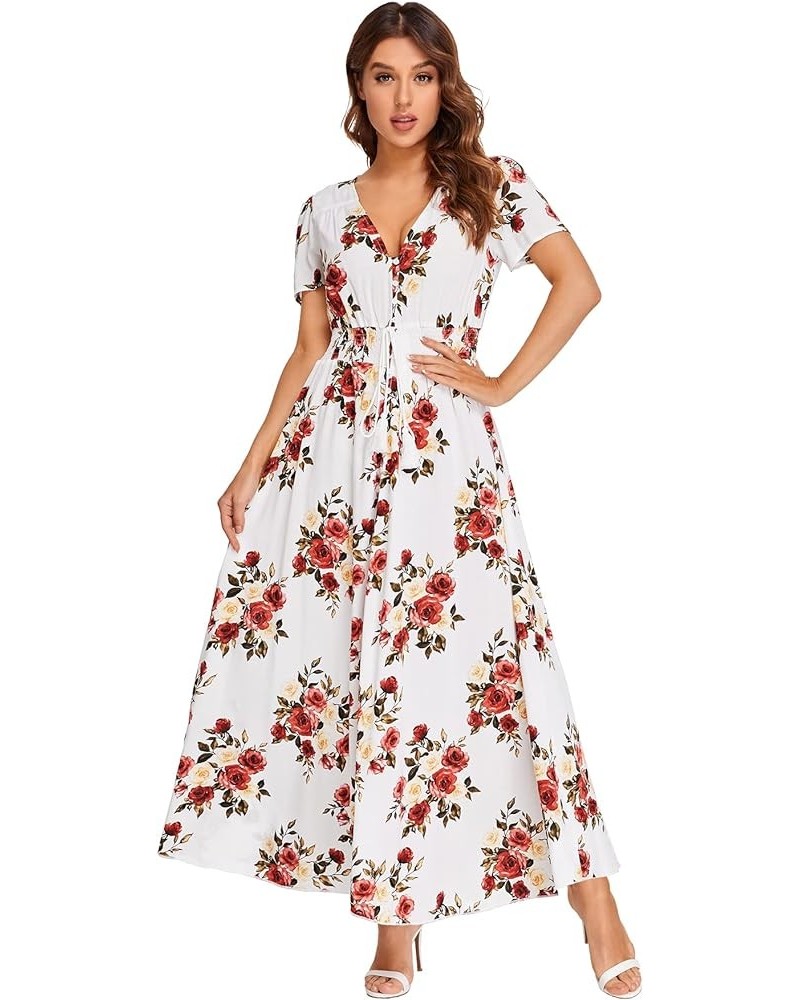 Women Button Up Floral Print Party Split Flowy Maxi Dress White and Floral $20.00 Dresses