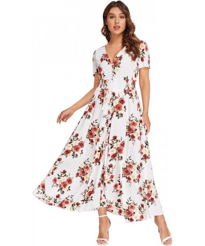 Women Button Up Floral Print Party Split Flowy Maxi Dress White and Floral $20.00 Dresses