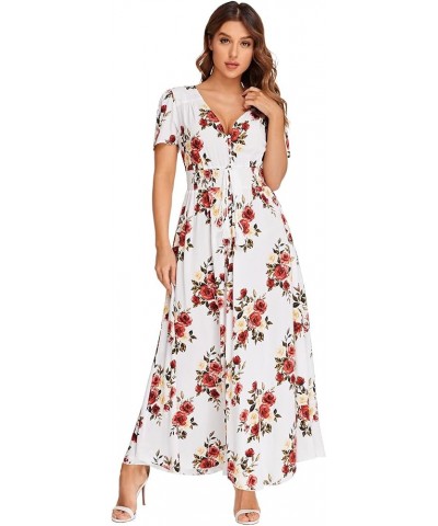 Women Button Up Floral Print Party Split Flowy Maxi Dress White and Floral $20.00 Dresses