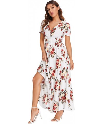 Women Button Up Floral Print Party Split Flowy Maxi Dress White and Floral $20.00 Dresses