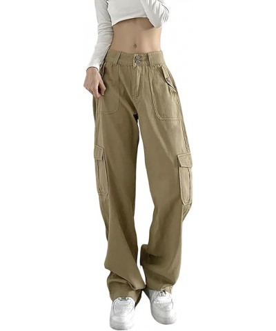 High Waist Baggy Cargo Jeans for Women Flap Pocket Relaxed Fit Straight Wide Leg Y2K Fashion Jeans B khaki $13.20 Jeans