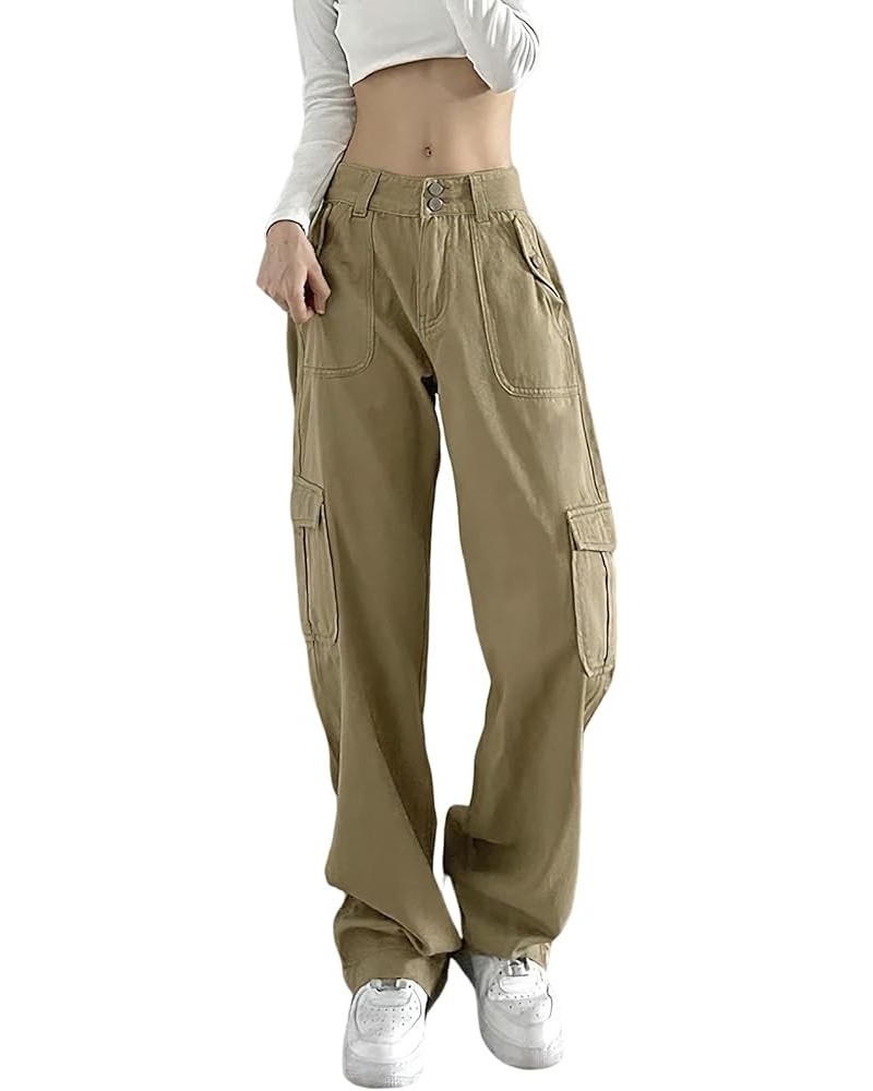 High Waist Baggy Cargo Jeans for Women Flap Pocket Relaxed Fit Straight Wide Leg Y2K Fashion Jeans B khaki $13.20 Jeans