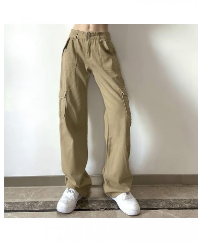 High Waist Baggy Cargo Jeans for Women Flap Pocket Relaxed Fit Straight Wide Leg Y2K Fashion Jeans B khaki $13.20 Jeans