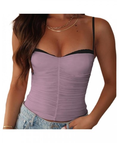 Women Y2k Lace Patchwork Sheer Mesh Camis Ruched See Though Spaghetti Strap Top Slim Fit Crop Camisole Vests A-purple One $7....