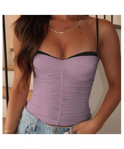 Women Y2k Lace Patchwork Sheer Mesh Camis Ruched See Though Spaghetti Strap Top Slim Fit Crop Camisole Vests A-purple One $7....