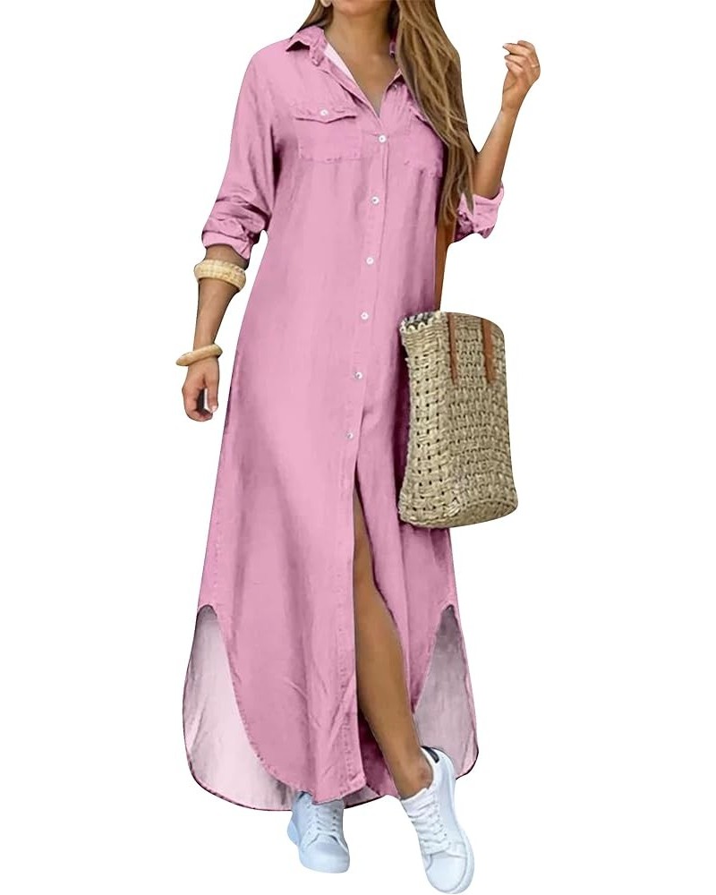 Women's Casual Loose Maxi Shirt Dress Lapel Rolled up Sleeve Button Down Dress Floral Print Open Front Long Dresses Pink $19....