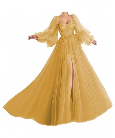 Women's Puffy Sleeve Prom Dress Ball Gown Tulle Sweetheart Wedding Formal Evening Dresses with Split Gold $38.25 Dresses