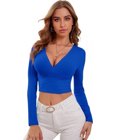 Women's Deep V Neck Long Sleeve Cross Wrap Crop Tops Royal Blue $12.88 T-Shirts