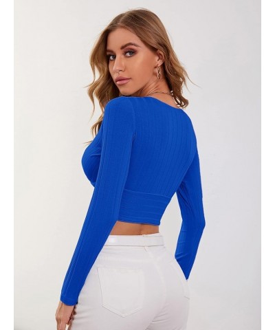 Women's Deep V Neck Long Sleeve Cross Wrap Crop Tops Royal Blue $12.88 T-Shirts