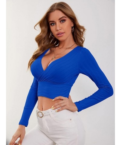 Women's Deep V Neck Long Sleeve Cross Wrap Crop Tops Royal Blue $12.88 T-Shirts