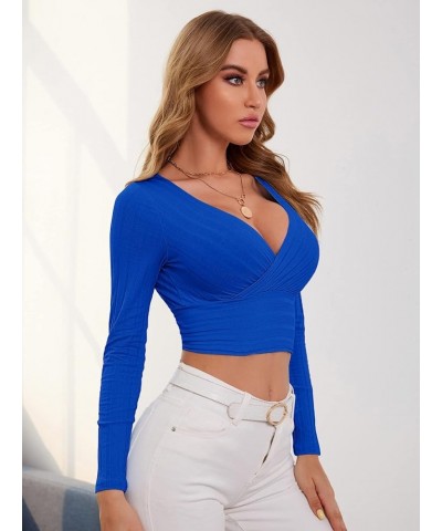 Women's Deep V Neck Long Sleeve Cross Wrap Crop Tops Royal Blue $12.88 T-Shirts