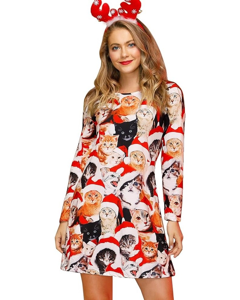 Women's Christmas Printed Tunic Dress Long Sleeve Crewneck Casual Costume Christmas Cat $14.83 Dresses