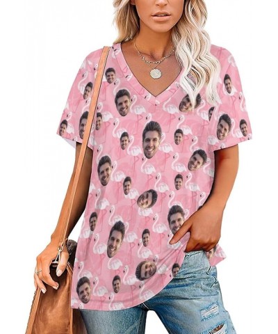 Women Personalized Hawaiian Shirt Funny Custom Face Photo Button Down Short Sleeve Summer Beach Vacation Blouse Tops Flamingo...