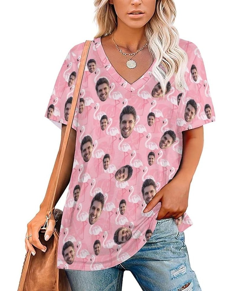 Women Personalized Hawaiian Shirt Funny Custom Face Photo Button Down Short Sleeve Summer Beach Vacation Blouse Tops Flamingo...