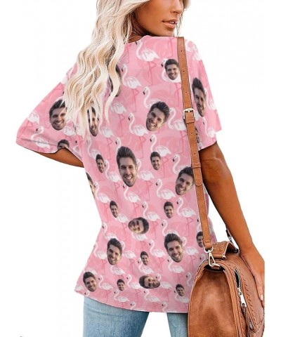 Women Personalized Hawaiian Shirt Funny Custom Face Photo Button Down Short Sleeve Summer Beach Vacation Blouse Tops Flamingo...