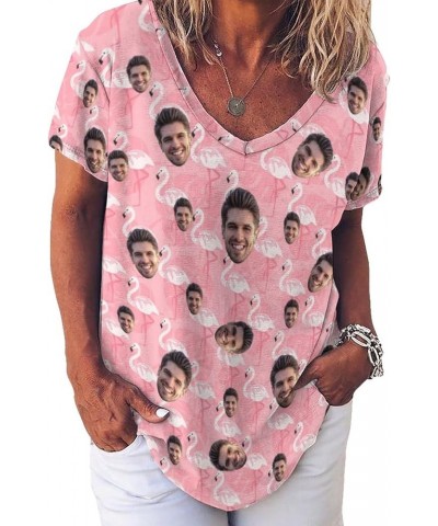 Women Personalized Hawaiian Shirt Funny Custom Face Photo Button Down Short Sleeve Summer Beach Vacation Blouse Tops Flamingo...