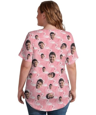 Women Personalized Hawaiian Shirt Funny Custom Face Photo Button Down Short Sleeve Summer Beach Vacation Blouse Tops Flamingo...