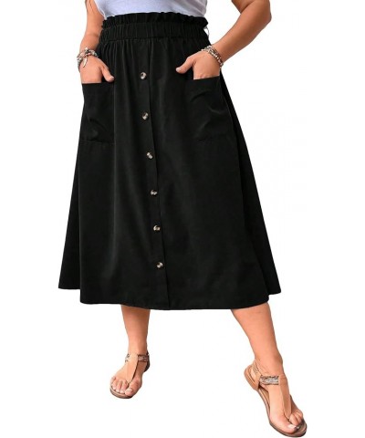 Women's Plus Size Elastic High Waist Button Front Loose A Line Midi Skirt with Pocket Black $21.08 Skirts