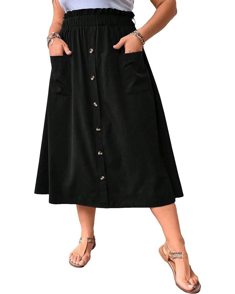 Women's Plus Size Elastic High Waist Button Front Loose A Line Midi Skirt with Pocket Black $21.08 Skirts