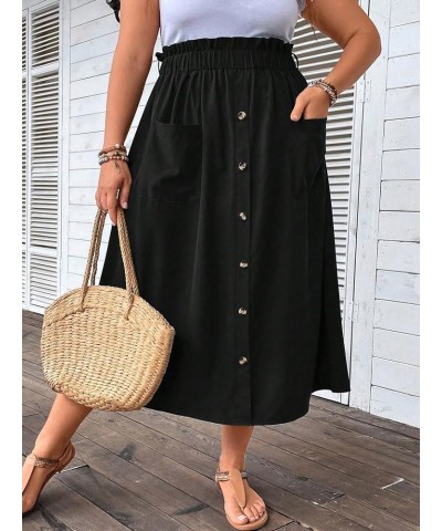 Women's Plus Size Elastic High Waist Button Front Loose A Line Midi Skirt with Pocket Black $21.08 Skirts