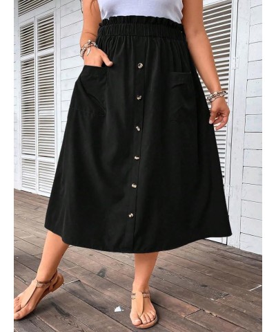 Women's Plus Size Elastic High Waist Button Front Loose A Line Midi Skirt with Pocket Black $21.08 Skirts