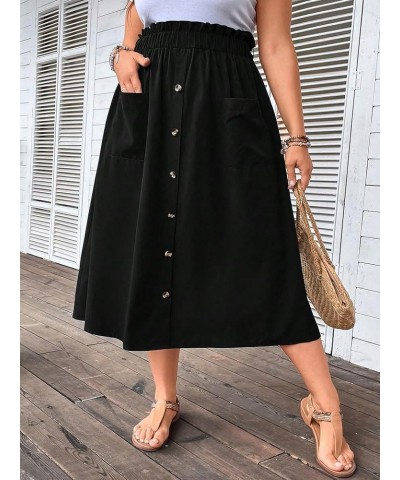 Women's Plus Size Elastic High Waist Button Front Loose A Line Midi Skirt with Pocket Black $21.08 Skirts