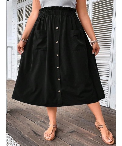 Women's Plus Size Elastic High Waist Button Front Loose A Line Midi Skirt with Pocket Black $21.08 Skirts