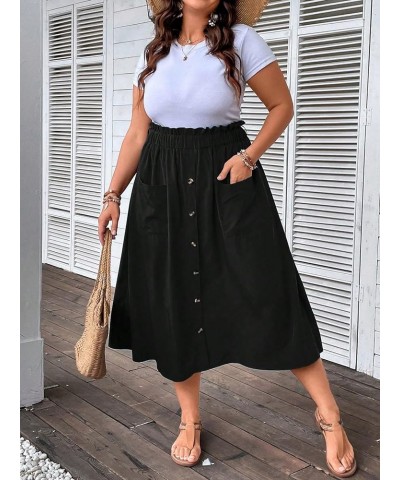 Women's Plus Size Elastic High Waist Button Front Loose A Line Midi Skirt with Pocket Black $21.08 Skirts