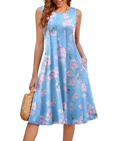 Summer Casual Dresses for Women Sleeveless Midi Dress Swing Tank Sundress Pleated Tshirt Dress with Pockets Light Blue Floral...