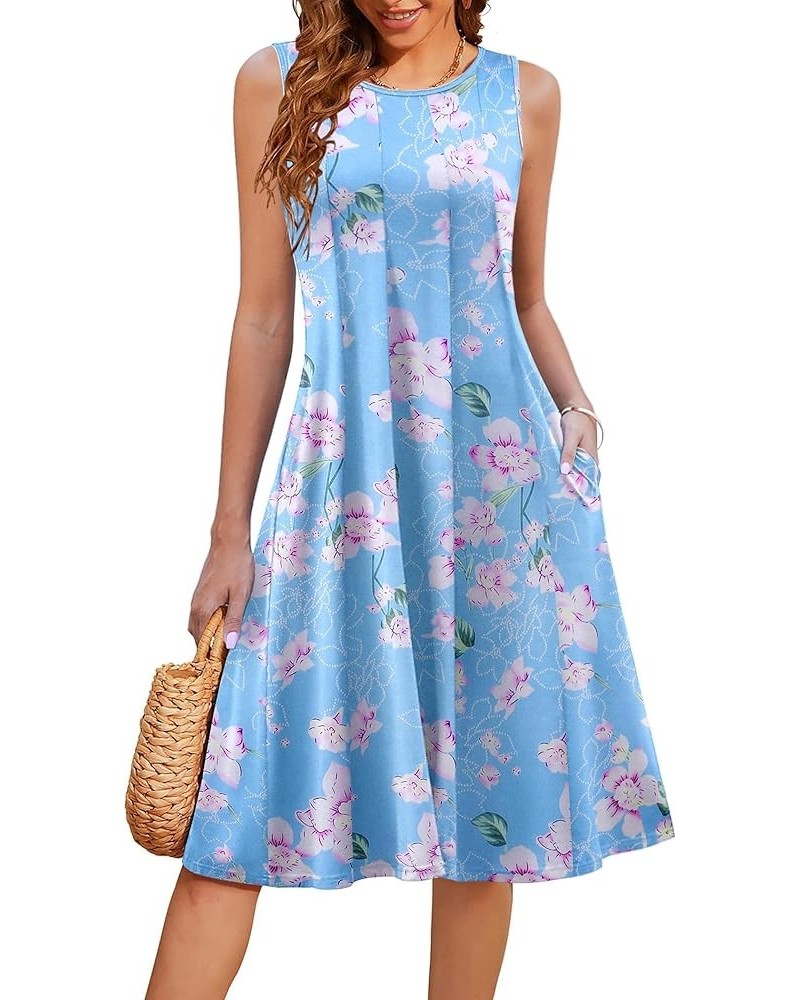 Summer Casual Dresses for Women Sleeveless Midi Dress Swing Tank Sundress Pleated Tshirt Dress with Pockets Light Blue Floral...