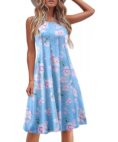 Summer Casual Dresses for Women Sleeveless Midi Dress Swing Tank Sundress Pleated Tshirt Dress with Pockets Light Blue Floral...